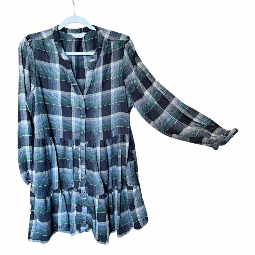 Blue plaid flannel babydoll long sleeve dress large grunge tiered button front
